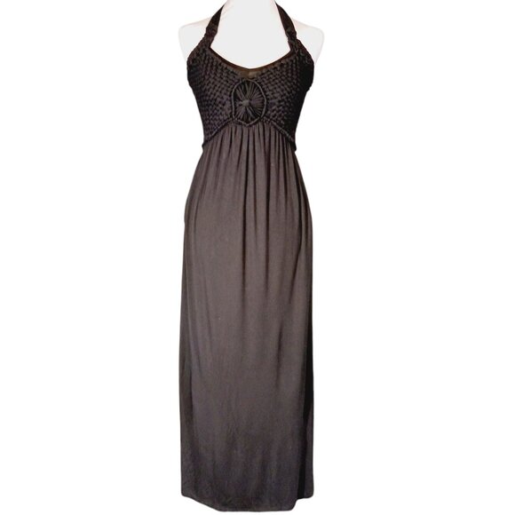 Soma Dresses & Skirts - Soma, Black Maxi Halter Dress, Crochet Bodice, Smocked Back, Super Soft, XS Boho